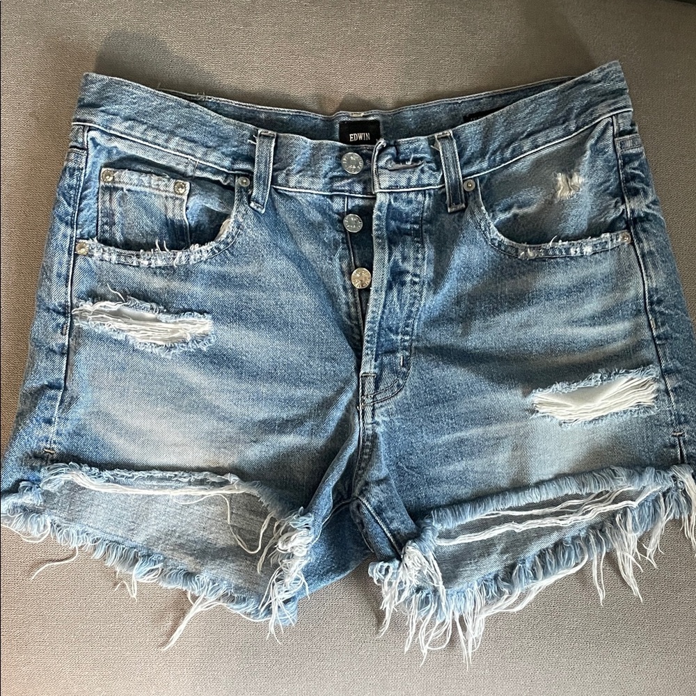 Edwin Light Wash Distressed Denim Shorts - Blue